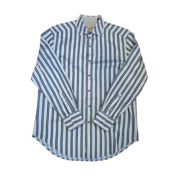 Robert Graham Shirt Men's Blue Striped Button Up Embroidered Flip Cuff | L EUC - Picture 2 of 13